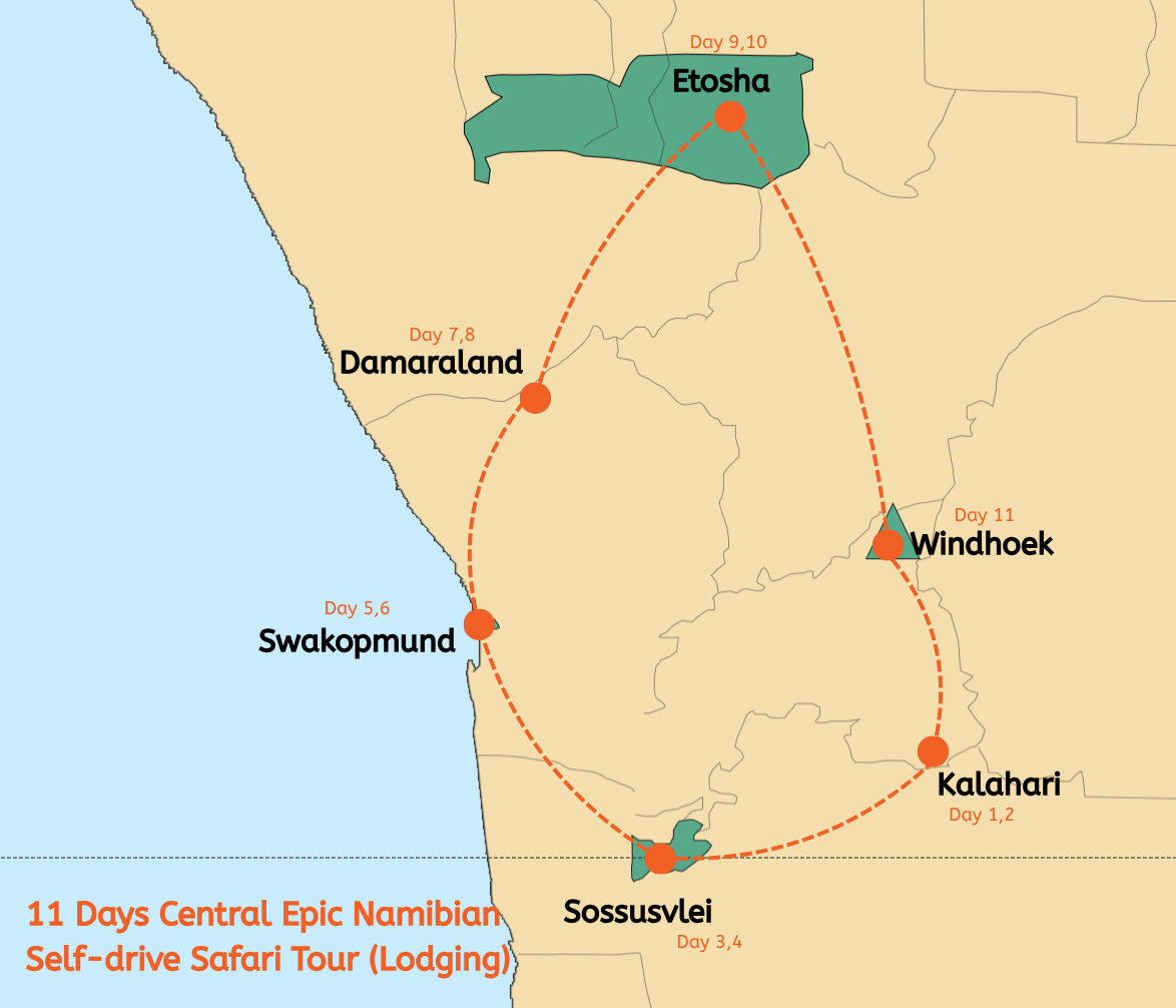 11 Days Central Epic Namibian Self-drive Safari Tour (Lodging)