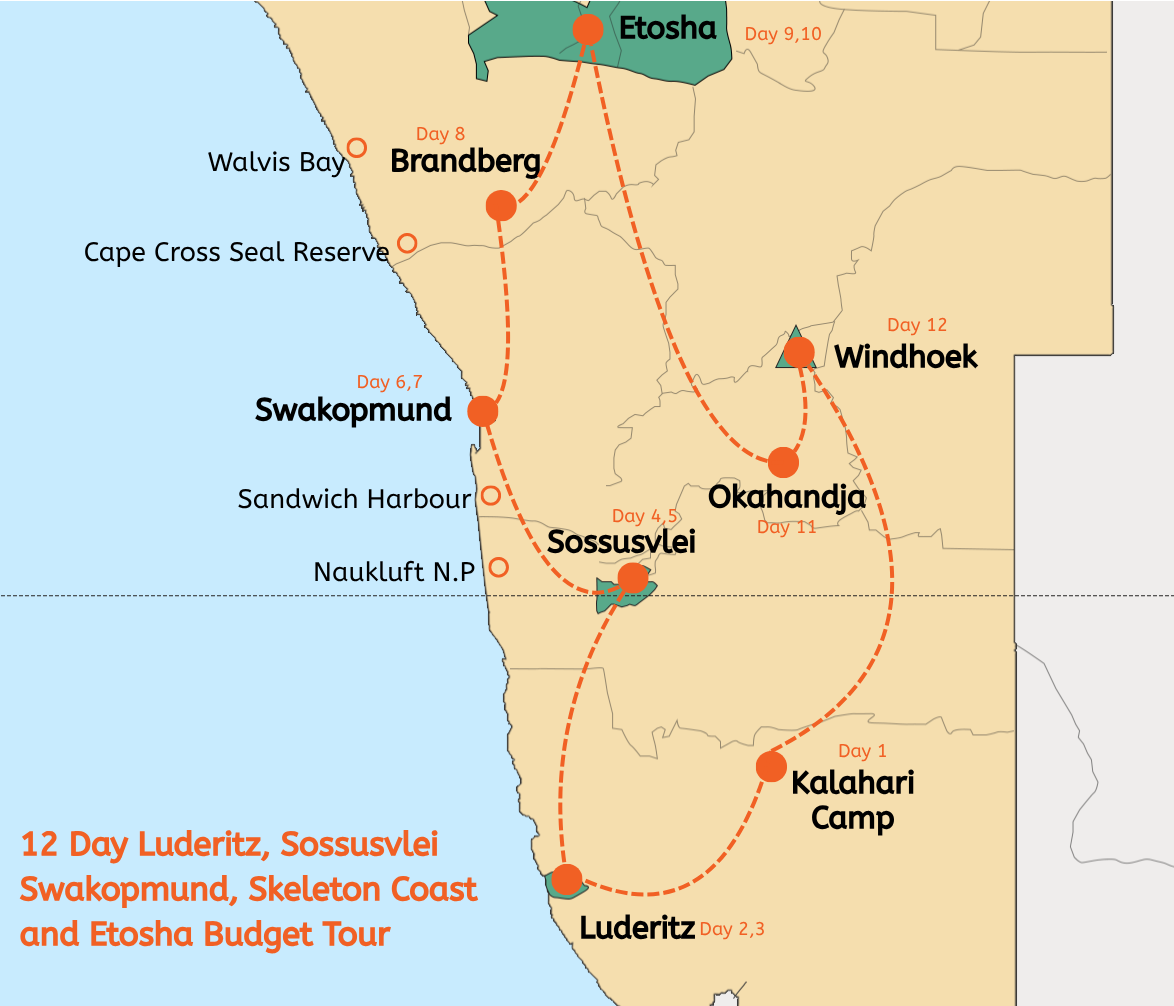 12 Day Luderitz, Sossusvlei Swakopmund, Skeleton Coast and Etosha National Park Budget (Lodging) Tour