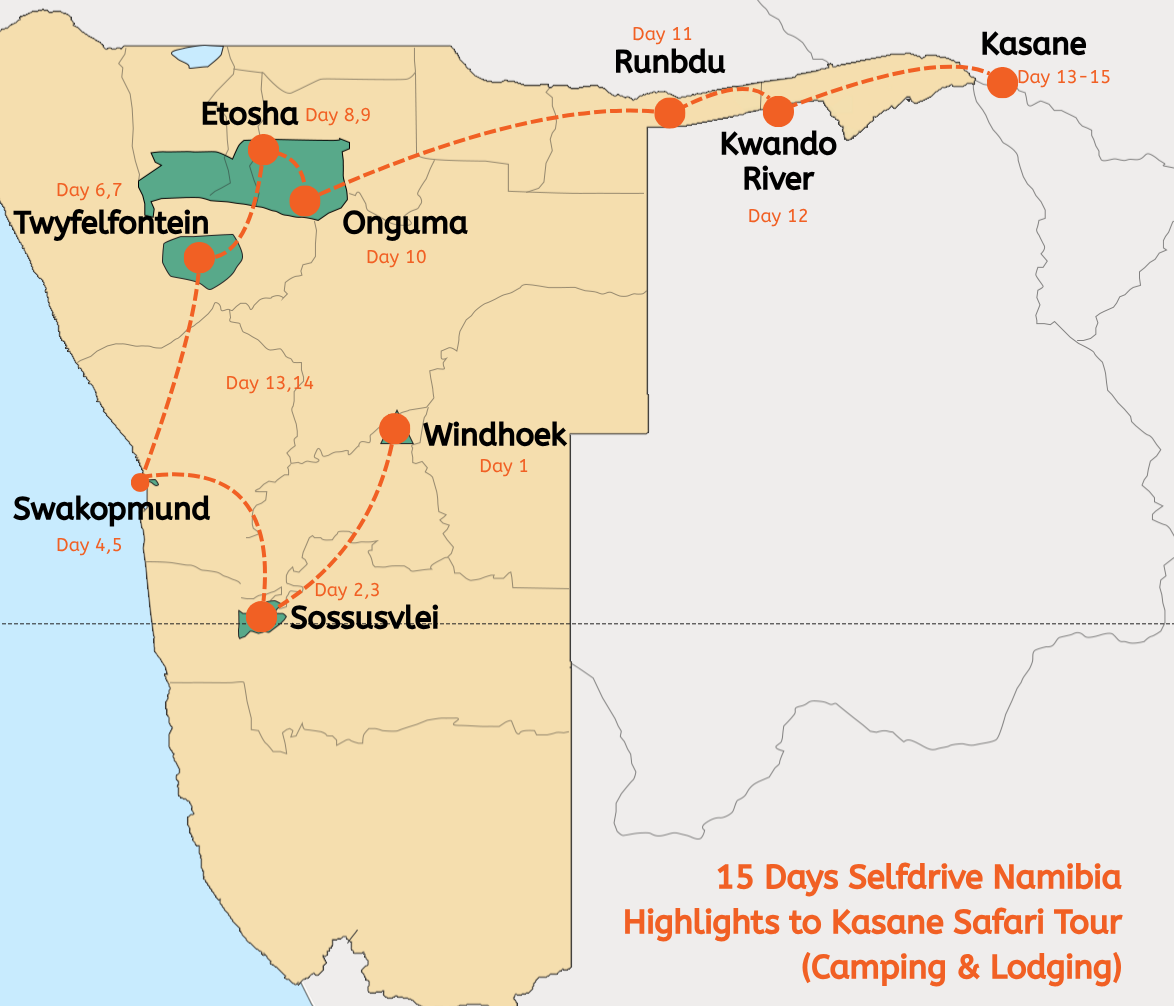 15 Days Selfdrive Namibia Highlights to Kasane Safari Tour (Camping & Lodging)