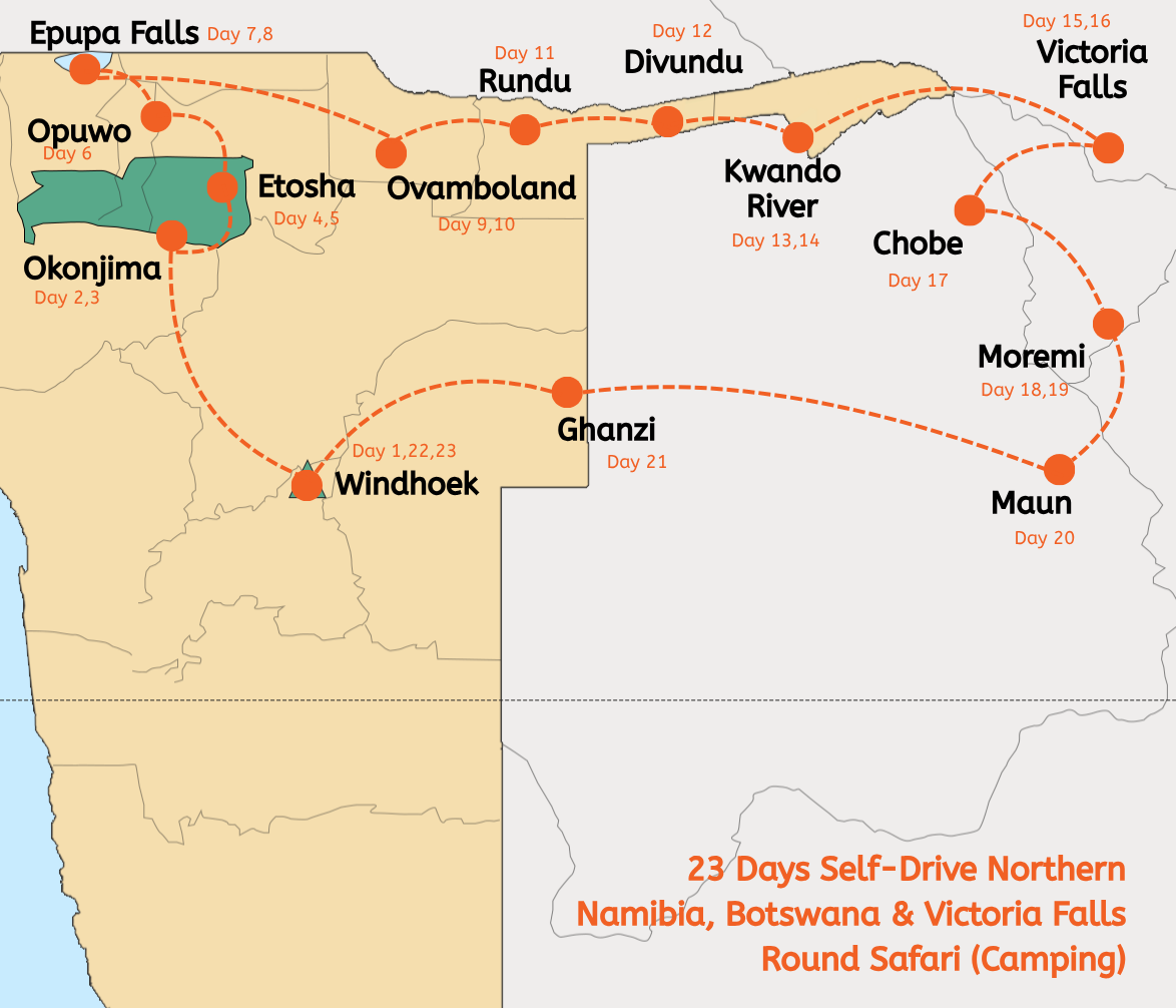 23 Tage Selbstfahrer-Rundreise durch das nördliche Namibia, Botswana & Victoria Falls (Camping)
