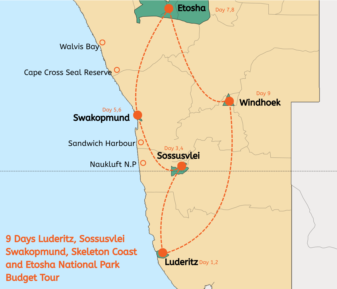 9 Days Luderitz, Sossusvlei Swakopmund, Skeleton Coast and Etosha National Park Budget Tour