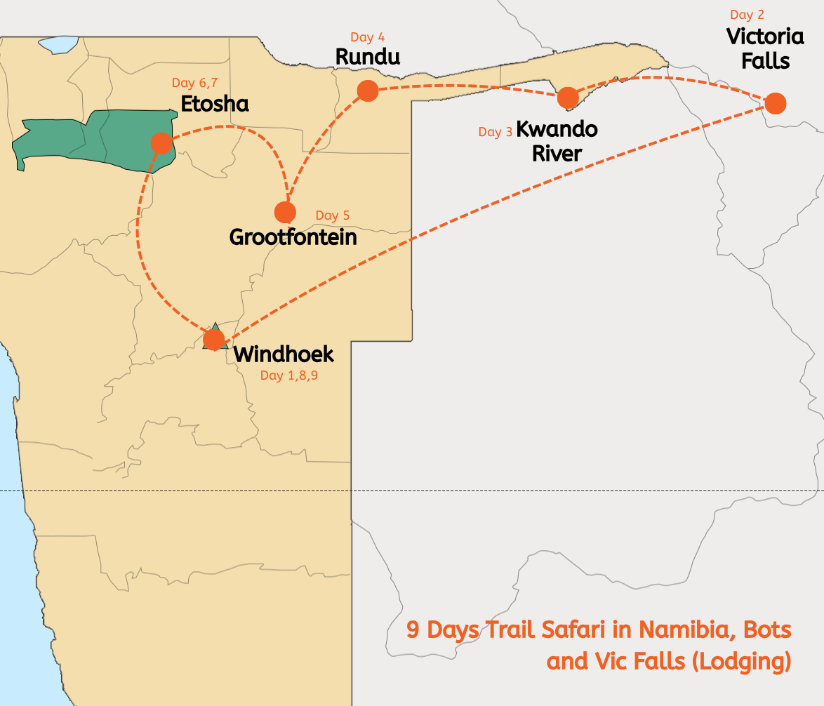 9 Days Trail Safari in Namibia, Bots and Vic Falls (Lodging)